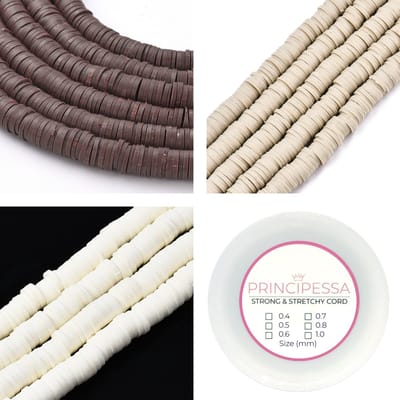 Principessa Katsuki kralen met rol elastiek – Koffiebruin, Zand, Ivoor – 1.150 kralen – Polymeer klei – 6mm kralen