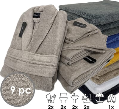 iSleep Terry Badtextiel - Voordeelset (9 delig) - 1x Badjas - Maat S - 2x Washandje 16x22 cm - 2x Gastendoekje 30x50 cm - 2x Handdoek 60x110 cm - 2x Badlaken 70x140 cm - Taupe
