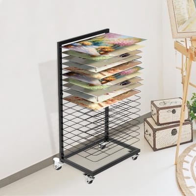 Dailygoods- Fotodroogrek Mobiel met 18 Planken - Vergrendelbare Wielen - Functioneel Design - Opbergoplossing voor Kunstwerken - Afmetingen 42 x 30 x 77 cm - Droogrek