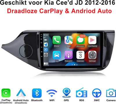 Junsun Android 15 Autoradio Geschikt Voor Kia Cee'd JD 2012-2016 Accessoires, 2GB+64GB, Draadloze CarPlay & Andriod Auto, DAB+, GPS-navigatiesysteem, Bluetooth, Stuurwielbediening, WiFi, 9-inch Touchscreen, DSP, Quad-core processor