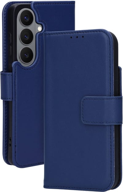 Mobiparts MagSafe Portemonnee/Boekhoesje geschikt voor Samsung Galaxy S26 - Echt Leer - Magnetische Sluiting - Ruimte voor drie pasjes - Microvezel voering - Blauw