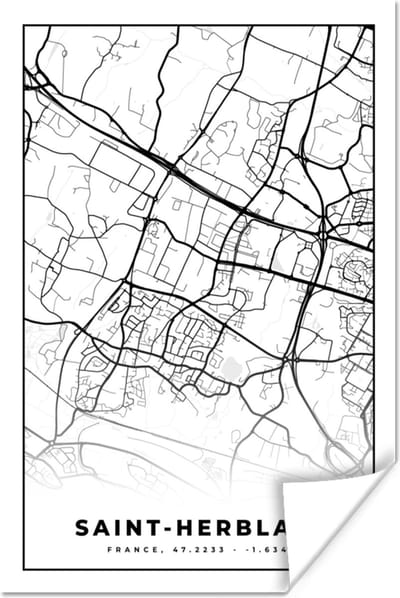Poster Kaart - Plattegrond - Saint-Herblain - Frankrijk - Stadskaart - Zwart wit - 120x180 cm XXL