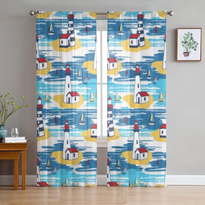 Kleurrijk Vuurtorenlandschap Transparante Gordijnen voor Woonkamer Transparant Tule Raamgordijn Slaapkamer Keuken Decor Sluier Draperieën 135W x 114H(cm)