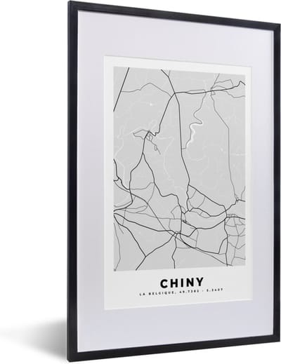 Fotolijst incl. Poster Zwart Wit- Stadskaart – Plattegrond – België – Zwart Wit – Chiny – Kaart - 40x60 cm - Posterlijst