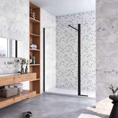 60x200cm zwarte inloopdouche + 30x200cm draaibaar hoekprofiel +73-120cm Stabilisatiestang 8mm EasyClean veiligheidsglas