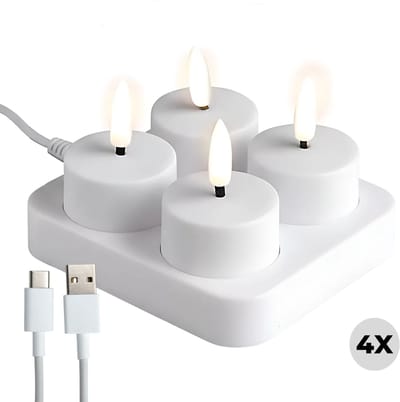 Lomera Oplaadbare LED Theelichtjes - LED Waxinelichtjes - Veilig Alternatief - Duurzaam Oplaadbaar - Usb-Kabel Inbegrepen - Oplaadstation - 4 Oplaadbare Theelichten op Batterijen - LED Kaarsen - Vlamloze Kaarsen - Nep Kaarsen - Kaars LED