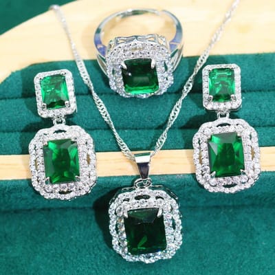 2024 Nieuwe Stand Alone Hot Sieraden Vierkante Zirkonia Ketting Oorbellen Ring Set gray