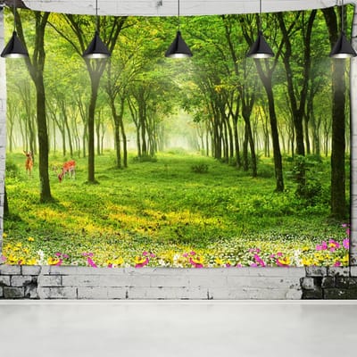 Pine River Cabin Landschap Wandkleed Psychedelisch Hippie Tapijt Kunst Decor Achtergronddoek 95x70cm green