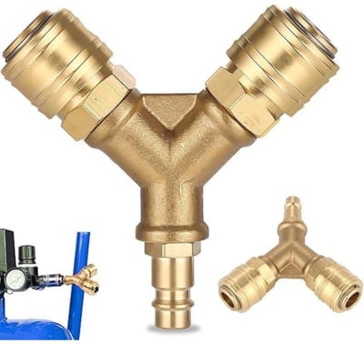 GELLDG Druckluftverteiler - Messing Druckluft Verteiler NW 7,2 - 2-Fach Schnellkuppler - 9x9cm - Duurzaam en eenvoudig te bedienen - Geschikt voor compressoren en luchtslangsystemen - Messing - Incl. 1/4 AG Stecknippel