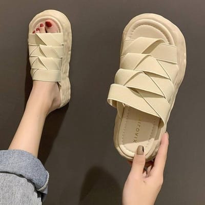 Pantoufles ajourées de couleur unie pour femmes Dames Talon bas Tissé Bande élastique Bout ouvert Antidérapant Semelle souple Chaussures de plage romaines 40 blanc