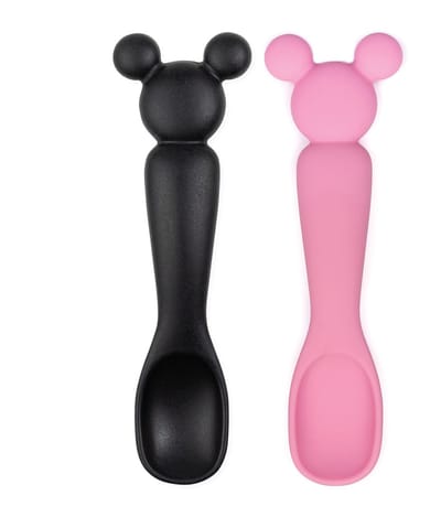 Bumkins - Silicone Dipping Spoons Siliconen Baby Diplepels – Set van 2 Ergonomische Oefenlepels – Zacht Baby Bestek en Bijtspeeltje voor Zelfstandig Leren Eten – Vanaf 3 Maanden - Disney Minnie Mouse Zwart & Roze