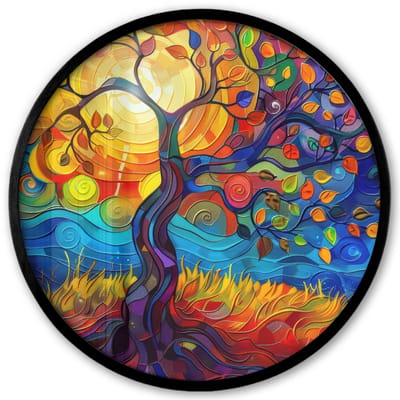 Poster in lijst Rond - Fotolijst 40x40 cm - Posters - Boom - Zon - Verflook - Kleuren - Abstract - Ronde posterlijst zwart - Decoratie - Wanddecoratie woonkamer - Muurdecoratie slaapkamer
