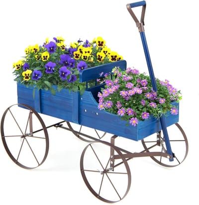 COSTWAY Bloemenstandaard, houten wagen, plantenwagen met wielen, van metaal, bloembak, plantenstandaard voor tuin en terras, 62 x 34 x 61 cm (blauw)