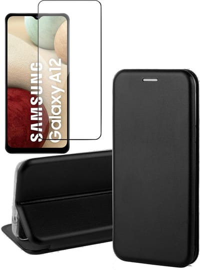 Hoesje geschikt voor Samsung Galaxy A12 - Screen Protector GlassGuard - Book Case Kunstleer ThinShield Zwart & Screenprotector