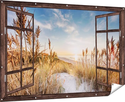 Gards Tuinposter Doorkijk Strand en Zee vanuit Duinen met Zonsondergang - 180x120 cm - Tuindoek - Tuindecoratie - Wanddecoratie buiten - Tuinschilderij