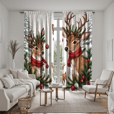 Ensemble de 2 pièces Rideau décoratif HD Noël Flocon de neige blanc renne Blanc cravate rideau imprimé numérique Style Décoration d'intérieur Déc W52H63inchW132H160cm white