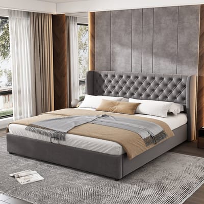 Chesterfield Bed 180x200 met Opbergruimte - Luxe Gestoffeerd Tweepersoonsbed met Hydraulisch Systeem - Grijs Velvet Bed