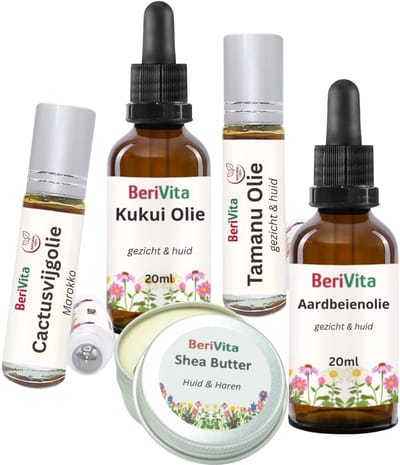 Rimpels & Fijne Lijntjes Verzorgingspakket - 100% Natuurlijk - Aardbeienolie 20ml, Cactusvijgolie Roller, Kukui Olie 20ml, Tamanu Olie Roller, Shea Butter 15ml