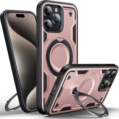 Magsafe Hoesje Geschikt voor iPhone 15 Pro Max Hoesje Rose Goud - Armor Hoesje met Met Draaibare Ring Houder