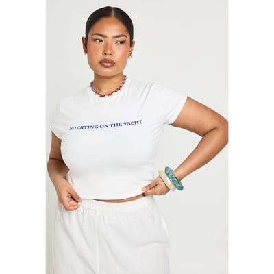 boohoo Dames Plus No Crying On The Yacht Print Baby Tee | Wit | Maat: 44