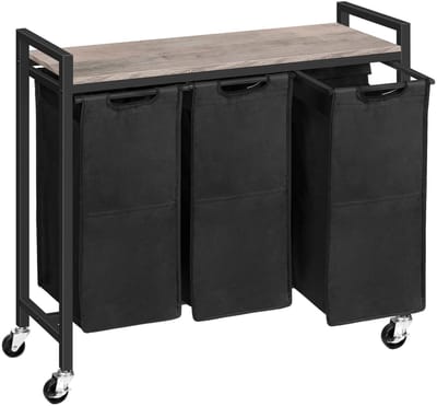 Allecto - Wasmand - Wassorteerbak - Met Plank - Greige-Zwart - Waswagen - 3 Vakken - Geschikt voor Binnenshuis - 39,8 Liter