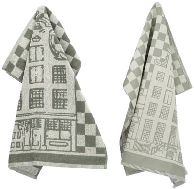 Luxe Keukendoek en Theedoek Rijksmuseum Grachtenpand Donkergroen - Bunzlau Castle - 100% biologisch GOTS katoen - keukentextiel set