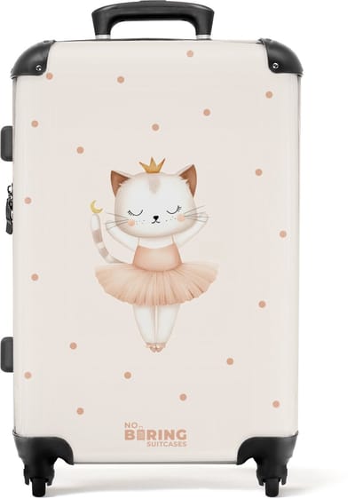 NoBoringSuitcases.com® - Kinderkoffer meisje - Kindertrolley meisjes - Ballerina kitten in beige kleuren - Koffer kind groot - Rolkoffer lichtgewicht - Reiskoffer met 4 wielen - Grote trolley XL - 20 kg bagage