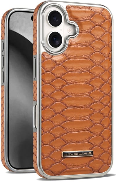 Stravo × JINDUKA Luxe Slangenleren Hoes voor iPhone 16 | BruinSchokabsorberend · Antislip · Vingerafdrukvrij