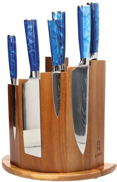 Shinrai Knives - Epoxy Sapphire Damascus Print 6-delige Messenset + Magnetisch Messenblok Scalae - Acacia hout - Vleesmes - Hakmes