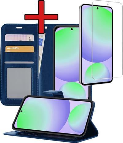 Hoesje - Met Screenprotector - Geschikt voor Samsung Galaxy S24 FE - Luxe Pasjeshouder - Flipcase - Bookcase Portemonee - Flip Case - Kunstleer Book Case - Book Cover - Walletcase - Portemonneehoes - Telefoonhoes - Donkerblauw
