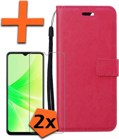 Hoes - Met 2x Screenprotector - Geschikt voor OPPO A17 - Luxe Pasjeshouder - Bookcase Portemonee - Flip Case - Kunstleer Book Case - Flipcase Hoes - Book Cover - Walletcase - PortemonneeHoes - Donkerroze