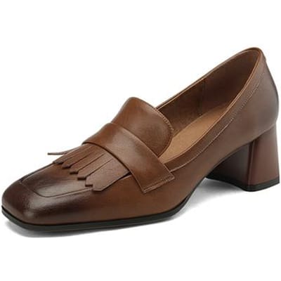 Nouvelles Chaussures de Printemps pour Femmes Cuir Fendu Escarpins pour Femmes Bout Carré Talon Carré Rétro Talons Hauts à Pompons Chaussures Peu Profondes 40 marron