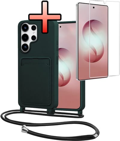 Hoes Geschikt voor Samsung S26 Ultra Met Telefoonkoord Met Screenprotector - Siliconen Hoesje Backcover Met Ketting - Donkergroen