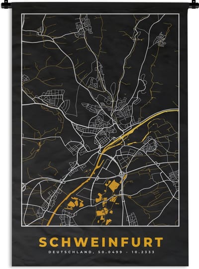 Wandkleed - Wanddoek - Duitsland – Black and Gold – Schweinfurt – Stadskaart – Kaart – Plattegrond - 120x180 cm - Wandtapijt