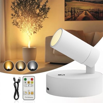 LED-spots voor binnen – USB-wandlamp met afstandsbediening, 3 dimbare kleuren – Draadloze LED-wandspots voor planten- en kamerverlichting,Wit