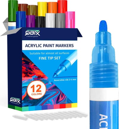 QBIX Acrylstiften - Verfstiften set van 12 Kleuren - Deze acrylmarkers zijn geschikt voor alle ondergronden - 2-4mm
