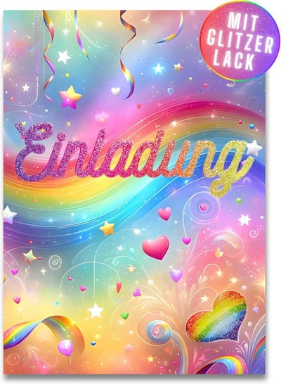 Regenboog Uitnodigingskaarten met Glitter voor Meisjes Kinderverjaardag (12 stuks, DIN A6)