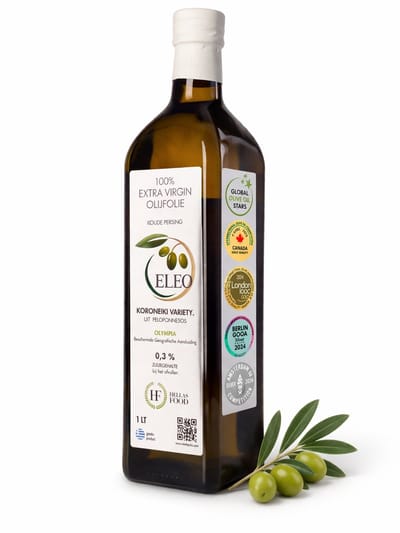 ELEO Olijfolie 1 liter Extra Vierge Olympia – zuurgraad 0,3% – 100% Koroneiki – eerste koude persing – zacht & rijk aan antioxidanten – ondersteunt hart & immuunsysteem - Internationale medaille winnaar