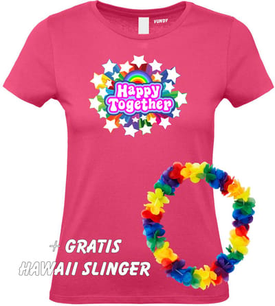 Dames T-shirt Happy Together Stars | Love for all | Gay Pride | Regenboog LHBTI | Fuchsia dames | maat XS
