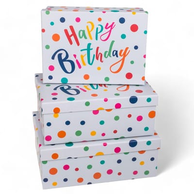 Dailygoods- Geschenkverpakking Set van 3 - Happy Birthday Design - Lichtgrijs met Kleurrijke Stippen - 28,5 x 20 x 11 cm - Stijlvolle Cadeauverpakking