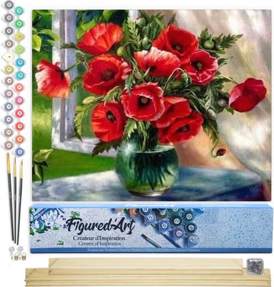 Figured'Art Schilderen op Nummer Volwassenen canvas Boeket rode bloemen - Handwerk acrylverf Kit DIY Compleet - 40x50cm met DIY houten lijst