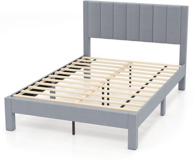 COSTWAY Bedframe voor matras van 200 x 140 cm, fluwelen stof, gevoerd tweepersoonsbedframe, platformbed met hoofdeinde, houten lattenondersteuning, verstelbare voetkussens, grijs (model I, M)