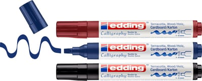 edding 1455 kalligrafiemarker - set van 3 - zwart,staalblauw,karmijn - flexibele kalligrafiepunt 1-5 mm - stift voor papier, hout, linnen - voor beginners, handlettering, bullet journal