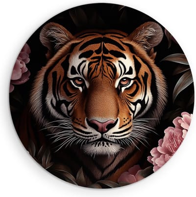 Saammp Muurcirkel Hout - Natuur - Tijger tussen de roze bloemen - landschap - Ø 90 - Wandcirkel - Wanddecoratie Cirkel - Muurdecoratie Woonkamer - Slaapkamer decoratie - Rond Schilderij