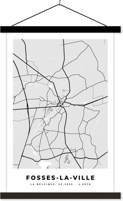 Posterhanger incl. Poster 40x60 cm - Schoolplaat - Stadskaart – Plattegrond – België – Zwart Wit – Fosses la Ville – Kaart - Textielposter - Zwarte latten - Stadskaart
