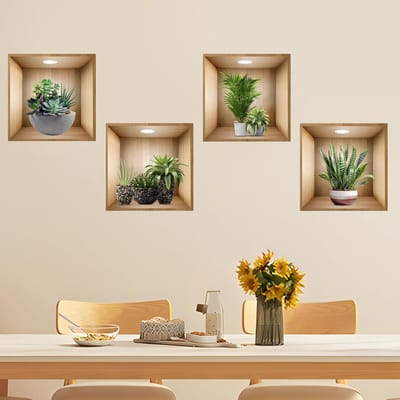 Planten muurstickers set van 4 - Realistische groene potplanten voor woonkamer, slaapkamer en keuken decoratie