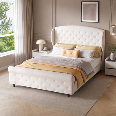 Gestoffeerd bed 140x200 cm in stof met gebogen hoofdbord met lattenbodem, metalen steun, tweepersoonsbed met zwartte poten van rubberhout - Wit