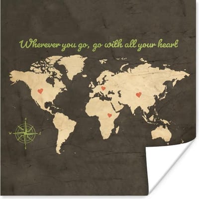 Poster 30x30 cm - Wereldkaart - Liefde - Vintage - Posters - Kamer decoratie - Wanddecoratie woonkamer - Muurdecoratie slaapkamer