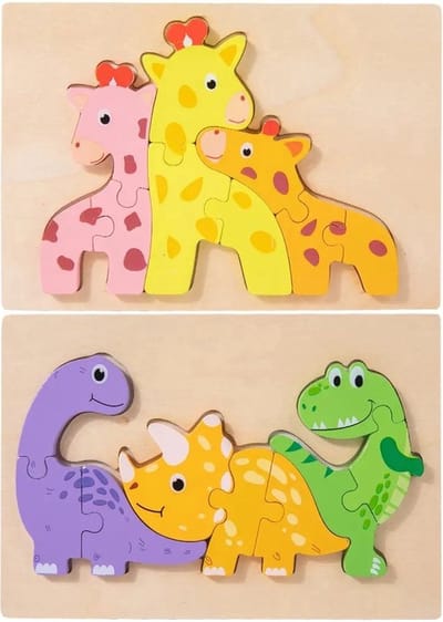 Houten dieren puzzels - Dino's en Giraffen - 8 en 9 stukjes - Vanaf 2 jaar - Kinderpuzzel - Educatief montessori speelgoed