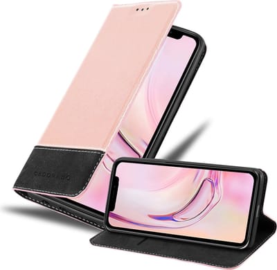 Cadorabo Hoesje geschikt voor Apple iPhone 13 MINI in ROSE GOUD ZWART - Beschermhoes met magnetische sluiting, standfunctie en kaartvakje Book Case Cover Etui
